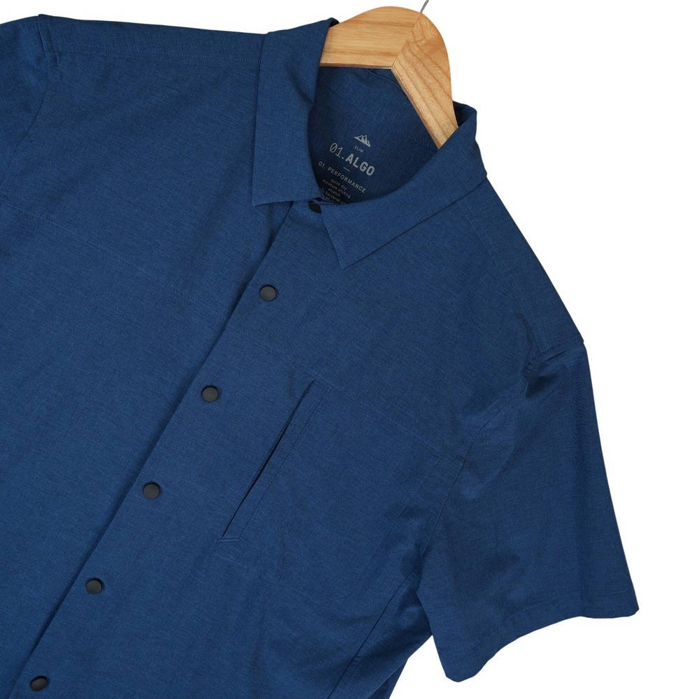 01.Algo Performance Shirt Mens Large Blue Slim Short Sleeve Snap Front UPF 40+